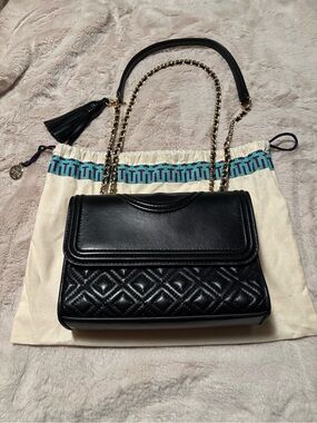 Tory Burch Black Quilted Lamb Skin Leather Chain Shoulder Bag with Tassel